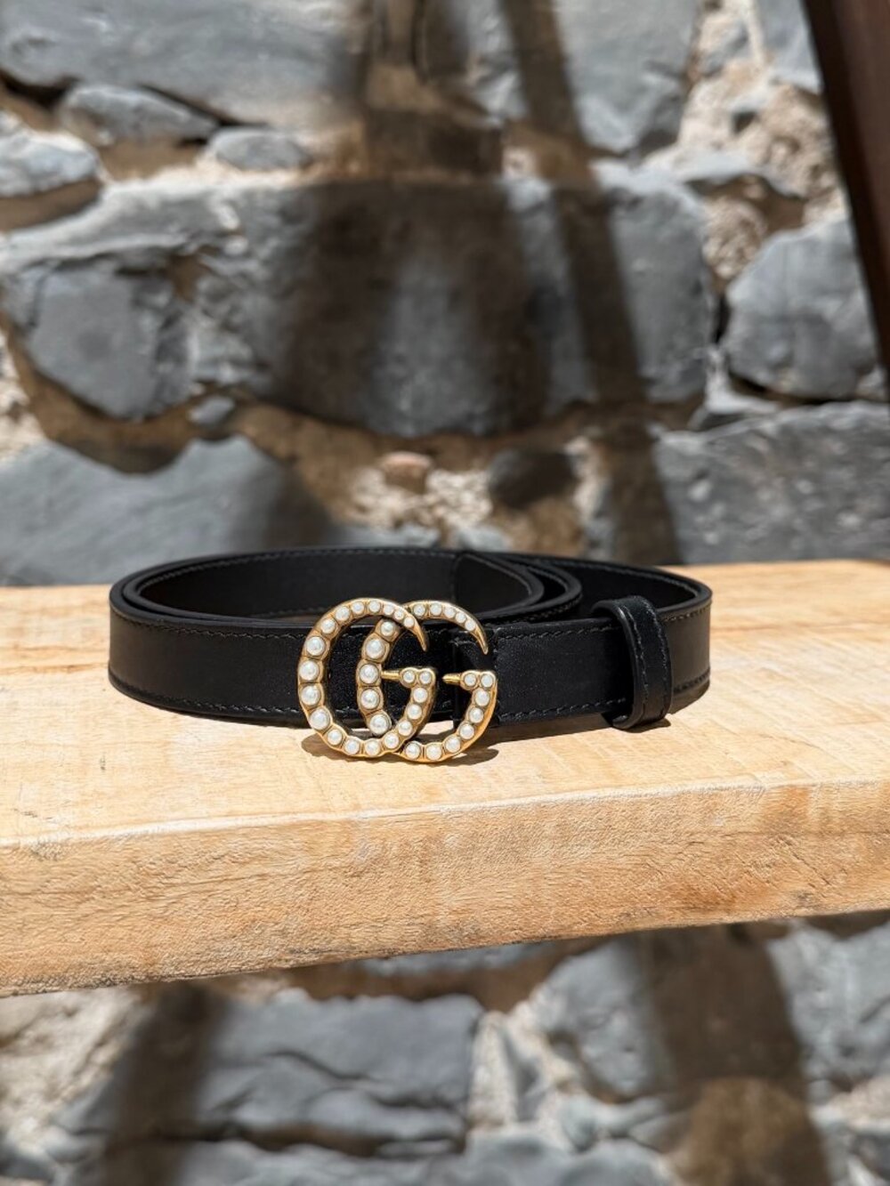 Gucci Black Leather Marmont GG Pearl Embellished Skinny Belt